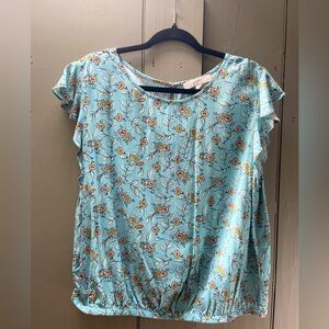 Loft short sleeved blouse, size L. Green/blue w/ yellow florals, elastic waist